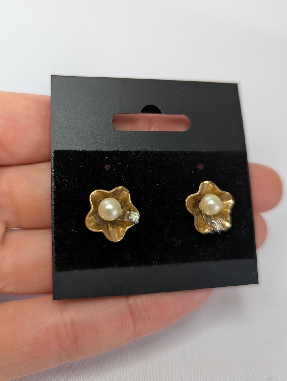 Gold Flower Pearl and Crystal Stud Earrings